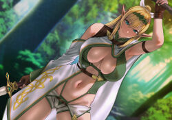 Rule 34 | 1girl, arm strap, armpits, blonde hair, blue eyes, blurry, borrowed character, branch, breasts, cape, cleavage, commentary request, commission, contrapposto, cowboy, cowboy western, depth of field, detached sleeves, dutch angle, fingerless gloves, forest, gloves, gluteal fold, green hairband, hairband, highres, holding, holding sword, holding weapon, large breasts, long hair, micro shorts, midriff, nature, navel, original, pointy ears, ponytail, sgk, shorts, single detached sleeve, skeb commission, skindentation, smile, solo, strap, sword, weapon, western, white cape