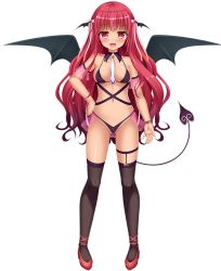 Rule 34 | 1girl, black thighhighs, breasts, dark skin, demon girl, demon tail, demon wings, detached collar, facing viewer, flower, full body, hair ribbon, hand on own hip, head wings, long hair, looking at viewer, low na imouto ni succubus ga toritsuita node tanetsuke yoyuu deshita, medium breasts, navel, necktie, open mouth, red eyes, red flower, red hair, ribbon, riri (low na imouto ni succubus ga toritsuita node tanetsuke yoyuu deshita), shitou, solo, tachi-e, tail, thighhighs, transparent background, wings