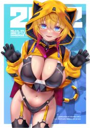 Rule 34 | 1girl, :d, bikini, black bikini, black gloves, black thighhighs, blonde hair, blue background, blue eyes, blush, breasts, character name, chinese zodiac, cowboy shot, english text, gloves, groin, highres, hood, hoodie, huge breasts, indie virtual youtuber, looking at viewer, mechanical tail, multicolored hair, navel, open mouth, orange hoodie, red hair, relkal stlife, revealing clothes, see-through, short hair, smile, solo, strelka belca, swimsuit, tail, thighhighs, thighs, two-tone hair, virtual youtuber, year of the tiger