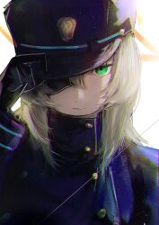 Rule 34 | 1girl, adjusting clothes, adjusting headwear, black gloves, blonde hair, blue archive, blue coat, blue hat, closed mouth, coat, commentary request, expressionless, eyepatch, gloves, green eyes, hair between eyes, hamaguri-san (hamagur69200744), hat, highres, long hair, looking at viewer, parted lips, peaked cap, solo, suou (blue archive), upper body