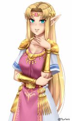 Rule 34 | 1girl, aqua eyes, artist name, belt, blonde hair, breasts, circlet, collarbone, commentary, dress, english commentary, covered erect nipples, hand up, highres, jewelry, long hair, looking at viewer, medium breasts, nintendo, no bra, parted lips, pointy ears, princess zelda, short sleeves, simple background, smile, solo, the legend of zelda, twitter username, twrlare, very long hair, white background