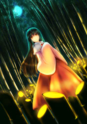 Rule 34 | 1girl, absurdres, backlighting, bamboo, bamboo forest, bow, collar, forest, frilled collar, frilled shirt collar, frills, full moon, glowing, highres, hime cut, houraisan kaguya, light, long hair, long skirt, long sleeves, looking at viewer, luke (kyeftss), maroon skirt, moon, moonlight, nature, night, night sky, own hands together, perspective, pink shirt, shirt, skirt, sky, smile, solo, standing, touhou, very long hair, wide sleeves