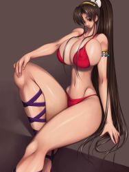 Rule 34 | 1girl, armlet, athena (series), bad proportions, bare shoulders, bikini, bow, breasts, brown eyes, brown hair, collarbone, cosplay, covered erect nipples, curvy, fatal fury, hair bow, hair ornament, hand on leg, high ponytail, highres, hip focus, huge breasts, jewelry, konekonewasabii, large areolae, leg up, long hair, looking at viewer, ninja, nipples, ponytail, princess athena, princess athena (cosplay), shiranui mai, side-tie bikini bottom, simple background, sitting, snk, solo, swimsuit, the king of fighters, thick thighs, thighs, wide hips