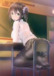 Rule 34 | 1girl, absurdres, akaza, ass, black hair, black pantyhose, bra, breasts, chair, chalkboard, classroom, desk, feet, feet together, food, from behind, green eyes, hair ornament, hair scrunchie, highres, kneeling, large breasts, leaning forward, long hair, looking at viewer, looking back, mouth hold, no shoes, panties, panties under pantyhose, panty peek, pantyhose, plaid, plaid skirt, pleated skirt, pocky, polka dot, polka dot bra, polka dot panties, scan, school, school desk, school uniform, scrunchie, see-through, side ponytail, skirt, soles, solo, thighband pantyhose, toes, underwear