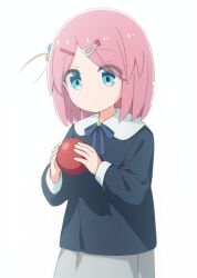 Rule 34 | 1girl, aged down, atu, ball, blue eyes, blue ribbon, blue shirt, bocchi the rock!, child, closed mouth, commentary request, cowboy shot, cube hair ornament, expressionless, eyes visible through hair, gotoh hitori, grey skirt, hair ornament, hairclip, highres, holding, holding ball, long sleeves, medium hair, one side up, parted bangs, partial commentary, red ball, ribbon, shirt, simple background, skirt, solo, standing, straight hair, twitter username, white background