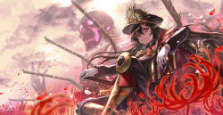 Rule 34 | 1girl, black hair, black pants, boots, closed mouth, cloud, family crest, fate/grand order, fate (series), flower, gloves, gun, hat, kamogawa aoi, knee boots, koha-ace, long hair, looking at viewer, musket, oda nobunaga (fate), oda nobunaga (koha-ace), pants, petals, red eyes, sitting, skeleton, smile, solo, spider lily, weapon, white gloves, yellow footwear
