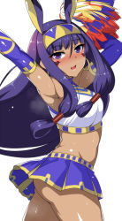 Rule 34 | 1girl, alternate costume, arm up, armpits, ass, bare shoulders, black gloves, black scarf, black thighhighs, blush, bouncing breasts, bracelet, breasts, cheerleader, commentary request, covered erect nipples, dark-skinned female, dark skin, earrings, egyptian, egyptian clothes, elbow gloves, facial mark, fate/grand order, fate (series), ganbare ganbare (itou life), gloves, hair between eyes, hair ornament, hairband, hands up, horosuke, jewelry, large breasts, long hair, looking at viewer, midriff, miniskirt, navel, nitocris (fate), open mouth, pom pom (cheerleading), ponytail, purple eyes, purple hair, scarf, shiny skin, sidelocks, simple background, skirt, smile, solo, sweat, thighhighs, very long hair, white background