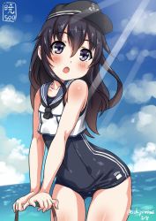 Rule 34 | 1girl, akatsuki (kancolle), black eyes, black hair, cosplay, hat, kantai collection, one-piece swimsuit, ro-500 (kancolle) (cosplay), ro-500 (kancolle), sakiyamama, school swimsuit, school uniform, serafuku, swimsuit, swimsuit under clothes