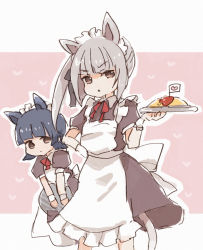 Rule 34 | 2girls, alternate costume, animal ears, apron, arare (kancolle), black dress, black hair, brown eyes, cat ears, cat tail, closed mouth, dress, enmaided, food, grey hair, holding, holding tray, kantai collection, kasumi (kancolle), long hair, maid, maid apron, maid headdress, miko (35nikomi), multiple girls, omelet, omurice, parted lips, short hair, short sleeves, side ponytail, tail, tray, white apron, wrist cuffs