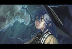Rule 34 | 1girl, black hat, blue eyes, braid, brown robe, cave, crying, crying with eyes open, frozen, hair between eyes, hat, highres, large hat, messy hair, monster, mushoku tensei, open mouth, robe, roxy migurdia, scared, solo, streaming tears, tazaki yokka, tears, teeth, twin braids, upper body, upper teeth only, witch hat