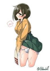 Rule 34 | 10s, 1girl, bad id, bad twitter id, black eyes, black hair, blush, clothes lift, cowboy shot, cropped legs, ebifurya, fundoshi, green skirt, groin, highres, hiryuu (kancolle), inactive account, japanese clothes, kantai collection, lifted by self, long sleeves, looking at viewer, open mouth, profile, short hair, simple background, skirt, skirt lift, solo, spoken blush, sweat, twitter username, white background, wide sleeves