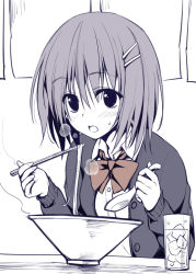 Rule 34 | 1girl, blush, bowl, chopsticks, eating, food, glass, hair ornament, hairclip, ice, ice cube, monochrome, noodles, open mouth, original, oryo (oryo04), partially colored, short hair, sitting, solo, spoon