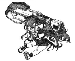 Rule 34 | 1girl, aris (blue archive), arms behind head, blue archive, blush, commentary, ganbarutoufu, gun, hair between eyes, halo, highres, holding, holding gun, holding weapon, huge weapon, jacket, legs, long hair, long sleeves, looking ahead, midair, miniskirt, monochrome, necktie, open clothes, open jacket, open mouth, pleated skirt, railgun, shirt, shoes, side ponytail, sidelocks, skirt, smile, sneakers, socks, solo, teeth, thighs, upper teeth only, v-shaped eyebrows, very long hair, weapon, white background