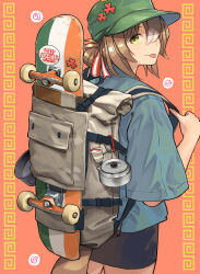 Rule 34 | 1girl, absurdres, alternate costume, animal ears, backpack, bag, black shorts, blush, brown bag, brown hair, charm (object), closed mouth, commentary request, cowboy shot, fine motion (umamusume), flat cap, from behind, green eyes, green hat, hair between eyes, hair bun, hat, highres, horse ears, horse girl, horse tail, irish flag, multicolored hair, nissin cup noodle, orange background, oshiri seijin, shirt, shorts, simple background, skateboard, smile, solo, sticker, streaked hair, tail, tongue, tongue out, two-tone background, umamusume, white hair, yellow background