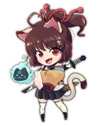 Rule 34 | 1girl, :3, :d, animal ears, asymmetrical sleeves, black gloves, black skirt, blue fire, blush, brown hair, cat ears, cat girl, cat tail, chibi, commentary request, crossed arms, detached sleeves, fang, fire, full body, gloves, high ponytail, highres, ichihime, katana, kotamika, looking at viewer, mahjong soul, mahjong tile hair ornament, medium bangs, mismatched sleeves, open mouth, pleated skirt, purple shirt, red eyes, red rope, rope, shin guards, shirt, short hair, short ponytail, simple background, skirt, sleeveless, sleeveless shirt, smile, solo, standing, sword, tail, thighhighs, weapon, white background, white sleeves, white thighhighs, yellow sleeves