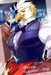 Rule 34 | 1boy, 5 (1boshi), bara, bartender, beak, bird boy, black vest, blonde hair, border, bow, bowtie, cityscape, closed mouth, cocktail, cocktail glass, collared shirt, commentary request, cup, drinking glass, furry, furry male, green eyes, half-closed eyes, happy valentine, heart, large pectorals, male focus, pectorals, seductive smile, shirt, short hair, smile, solo, thunderbird (housamo), tokyo houkago summoners, traditional bowtie, transparent border, upper body, valentine, vest, white shirt