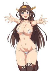 Rule 34 | 10s, 1girl, ahoge, bikini, black eyes, blue eyes, breasts, brown hair, choker, cleavage, collarbone, eyebrows, front-tie bikini top, front-tie top, hairband, headgear, kantai collection, kongou (kancolle), large breasts, leg up, looking at viewer, micro bikini, navel, open mouth, outstretched arms, sama samasa, side-tie bikini bottom, simple background, smile, solo, swimsuit, teeth, white background, white bikini, wide hips