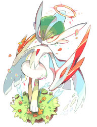 Rule 34 | 1boy, akadako, arm blade, arrow (projectile), blood, blood on leg, blue hair, cape, closed mouth, colored skin, constricted pupils, creatures (company), flower, from above, full body, gallade, game freak, gen 4 pokemon, grass, green hair, hair between eyes, halo, highres, looking at viewer, male focus, mega gallade, mega pokemon, mohawk, multicolored hair, nintendo, one-hour drawing challenge, orange flower, pink blood, pink flower, planted, planted arrow, pokemon, pokemon (creature), red eyes, red flower, short hair, simple background, solo, standing, two-tone hair, weapon, white background, white cape, white skin