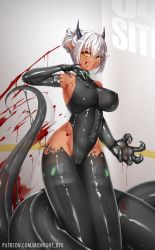Rule 34 | 1girl, amputee, blood, blood on face, cameltoe, covered erect nipples, covered navel, highleg, highres, horns, lamia, latex, leotard, midnight (banyex), monster girl, open mouth, original, pointy ears, quadruple amputee, shiny clothes, skin tight, solo, white hair, yellow eyes