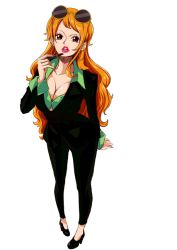Rule 34 | 1girl, brown eyes, formal, high heels, lipstick, long hair, makeup, nami (one piece), one piece, orange hair, simple background, solo, standing, suit, sunglasses, sunglasses on head, white background