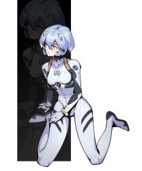 Rule 34 | 1girl, afterimage, arm support, ayanami rei, blue hair, bodysuit, full body, highres, interface headset, looking to the side, neon genesis evangelion, plugsuit, red eyes, sesese, short hair, sitting, solo, wariza, white bodysuit