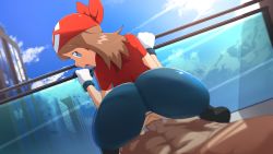 Rule 34 | 1boy, 1girl, ass, ass focus, bandana, bike shorts, bike shorts under skirt, blue eyes, blush, brown hair, creatures (company), game freak, gloves, highres, huge ass, looking at viewer, may (pokemon), nintendo, oni-sanart, open mouth, pokemon, pokemon rse, pov, red bandana, red shirt, reverse cowgirl position, sex, sex from behind, shirt, short sleeves, squatting, squatting cowgirl position, straddling, tongue, tongue out