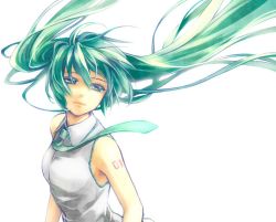 Rule 34 | 1girl, female focus, green eyes, green hair, hatsune miku, long hair, matching hair/eyes, necktie, simple background, solo, tsurumi (pixiv233690), twintails, very long hair, vocaloid, white background