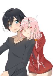 Rule 34 | 10s, 1boy, 1girl, black hair, blue eyes, blush, couple, darling in the franxx, closed eyes, fringe trim, grey shirt, hair ornament, hairband, hands on another&#039;s shoulders, highres, hiro (darling in the franxx), hood, hooded jacket, horns, jacket, long hair, long sleeves, looking back, nakoya (nane cat), oni horns, pink hair, red horns, red jacket, shirt, short hair, sweatdrop, white hairband, zero two (darling in the franxx)