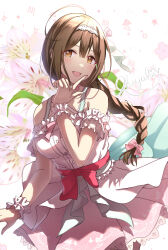 Rule 34 | 1girl, absurdres, bare shoulders, brown hair, citrusmikan, flower, highres, idolmaster, idolmaster shiny colors, kuwayama chiyuki, long hair, looking at viewer, open mouth, smile, solo