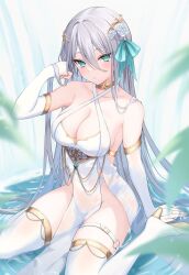 Rule 34 | 1girl, :/, aqua eyes, aqua ribbon, arm support, armlet, bare shoulders, blurry, blurry foreground, boots, breasts, bridal gauntlets, chain, cleavage, closed mouth, collarbone, commentary, criss-cross halter, dress, elbow gloves, flower, gloves, gold chain, grey hair, groin, hair between eyes, hair flower, hair ornament, hair ribbon, halter dress, halterneck, hand in own hair, hand up, high heel boots, high heels, highres, jewelry, large breasts, leaf, long bangs, long hair, looking at viewer, mikoto paint, neck ring, no panties, original, pelvic curtain, ribbon, rose, see-through, sideboob, sitting, sitting on water, sleeveless, sleeveless dress, solo, symbol-only commentary, thigh boots, thighhighs, thighs, very long hair, wariza, water, white dress, white flower, white footwear, white gloves, white rose, white thighhighs