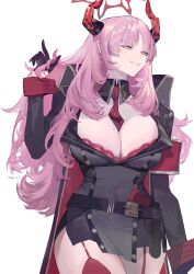 Rule 34 | 1girl, absurdres, adjusting hair, belt, bingansuan jiamouren, black dress, blue archive, bra, bra peek, breasts, cleavage, clenched teeth, collar, demon horns, dress, garter straps, gun, halo, hand up, handgun, highres, holster, horns, large breasts, long hair, looking to the side, mole, mole on breast, pink hair, red bra, red halo, red thighhighs, satsuki (blue archive), short dress, simple background, smile, solo, teeth, thighhighs, underwear, weapon, white background, yellow eyes