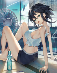 Rule 34 | 1girl, :o, ahoge, arm support, bare arms, bare shoulders, barefoot, black hair, black shorts, blue eyes, bottle, breasts, camisole, crop top, electric fan, from behind, highres, hot, indoors, knees up, large breasts, looking at viewer, looking back, midriff, open mouth, original, ramune, scottie (phantom2), shirt, short hair, short shorts, shorts, sidelocks, sleeveless, sleeveless shirt, solo, spaghetti strap, summer, sweat, thighs, water bottle, white shirt