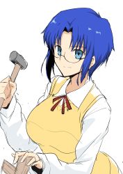 Rule 34 | 1girl, absurdres, blue eyes, blue hair, bow, breasts, ciel (tsukihime), glasses, halcon, hammer, highres, holding, holding hammer, large breasts, long sleeves, looking at viewer, school uniform, shirt, short hair, sidelocks, sketch, smile, solo, sweater vest, tsukihime, upper body, white background, white shirt