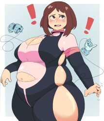 Rule 34 | 1girl, absurdres, blue gloves, blush, bodysuit, boku no hero academia, border, breasts, brown eyes, brown hair, cowboy shot, fat, gloves, highres, huge breasts, long sleeves, looking away, looking to the side, medium hair, napolitane, navel, open hands, open mouth, outside border, sidelocks, simple background, solo focus, teeth, thick arms, thick thighs, thighs, thread, torn clothes, unraveling, uraraka ochako, white border