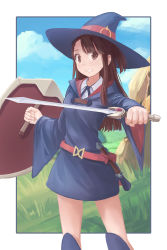 Rule 34 | 10s, 1girl, belt, blue hat, blue robe, blunt bangs, breasts, brown eyes, brown hair, clenched hands, clenched teeth, cloud, cowboy shot, day, grass, hat, highres, holding, holding shield, holding sword, holding weapon, kagari atsuko, knee pads, little witch academia, long hair, looking at viewer, medium breasts, red belt, redpoke, robe, rock, shield, short sword, sky, smile, solo, sword, teeth, unsheathed, wand, weapon, wide sleeves, witch, witch hat