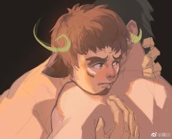 Rule 34 | 2boys, animal ears, bara, blush, brown eyes, brown hair, cow boy, cow ears, cow horns, dichuan (arriverw), facial hair, fiery horns, forked eyebrows, glowing horns, goatee, head on another&#039;s shoulder, highres, horns, hug, male focus, protagonist 3 (housamo), multiple boys, muscular, muscular male, nude, short hair, solo focus, thick eyebrows, tokyo houkago summoners, unfinished, upper body, wakan tanka, yaoi