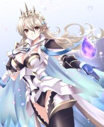 Rule 34 | 1girl, armor, black panties, breasts, brooch, cape, cleavage, corrin (female) (fire emblem), corrin (female) (silent bloodline) (fire emblem), corrin (fire emblem), crown, dragonstone, fire emblem, fire emblem fates, fire emblem heroes, gauntlets, highres, jewelry, kakiko210, lace thighhighs, large breasts, long hair, looking at viewer, nintendo, official alternate costume, panties, pointy ears, red eyes, smile, solo, sparkle, thighs, underwear, white cape