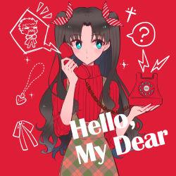 Rule 34 | 1girl, ?, archer (fate), blue eyes, bow, brown hair, fate/stay night, fate (series), hair bow, hair tubes, highres, holding, holding phone, long hair, long sleeves, looking to the side, nayu tundora, phone, plaid, plaid skirt, red background, red bow, red sweater, ribbed sweater, sketch, skirt, solo, spoken question mark, standing, striped, striped bow, suspender skirt, suspenders, sweater, title, tohsaka rin, twintails, very long hair