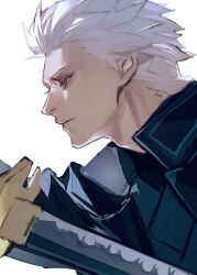 Rule 34 | 1boy, blue coat, blue eyes, closed mouth, coat, devil may cry (series), devil may cry 5, hair slicked back, holding, holding sword, holding weapon, katana, male focus, solo, sword, vergil (devil may cry), weapon, white hair, www (1184187582), yamato (sword)