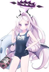 Rule 34 | 1girl, absurdres, ahoge, blue archive, blue one-piece swimsuit, collarbone, commentary request, demon girl, demon horns, demon wings, forehead, hair ornament, hairclip, halo, hand on own hip, highres, hina (blue archive), hina (swimsuit) (blue archive), holding, holding rope, horns, kotani (dainanumi), lifebuoy, long hair, looking at viewer, name tag, official alternate costume, old school swimsuit, one-piece swimsuit, one side up, parted bangs, purple eyes, rope, school swimsuit, sidelocks, simple background, sleeveless, solo, swim ring, swimsuit, translation request, wet, wet clothes, wet swimsuit, whistle, whistle around neck, white background, white hair, wings
