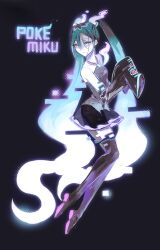 Rule 34 | aqua hair, bare shoulders, bksalx, black thighhighs, creatures (company), detached sleeves, game freak, ghost, ghost miku (project voltage), glitch, gradient hair, grey shirt, hair between eyes, hatsune miku, highres, long hair, multicolored hair, necktie, nintendo, pale skin, pokemon, project voltage, see-through, see-through skirt, shirt, skirt, sleeves past fingers, sleeves past wrists, thighhighs, twintails, very long hair, vocaloid, will-o&#039;-the-wisp (mythology), yellow eyes