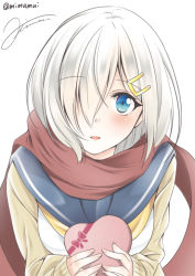 Rule 34 | 10s, blue eyes, blush, breasts, cardigan, chocolate, hair ornament, hair over one eye, hairclip, hamakaze (kancolle), heart, kantai collection, large breasts, looking at viewer, mimamui, neckerchief, open mouth, red scarf, scarf, school uniform, serafuku, short hair, signature, silver hair, solo, twitter username, valentine, white background, yellow neckerchief