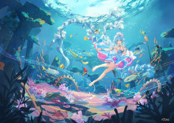 Rule 34 | 1girl, :d, animal, armpits, artist name, atdan, bare legs, bare shoulders, barefoot, blue dress, blue eyes, blue hair, bracelet, breasts, cleavage, commentary, coral, coral reef, day, dress, fish, frilled dress, frills, hair between eyes, haiyi, hat, highres, jellyfish, jewelry, long hair, looking at viewer, medium breasts, ocean, seafloor, open mouth, outdoors, outstretched hand, pillar, ruins, school of fish, seaweed, sleeveless, sleeveless dress, smile, solo, statue, strapless, strapless dress, underwater, vocaloid, wide shot