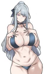 Rule 34 | 1girl, ak-12 (girls&#039; frontline), alternate breast size, areola slip, bikini, black bikini, braid, breasts, cleavage, closed mouth, collarbone, french braid, girls&#039; frontline, grey hair, highleg, highleg bikini, highres, large breasts, long hair, looking at viewer, navel, pink eyes, sidelocks, simple background, smile, solo, stomach, straight-on, swimsuit, unusually open eyes, wessidesuyo, white background