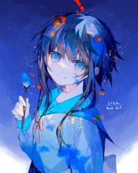 Rule 34 | 1girl, 2022, absurdres, blue background, blue eyes, blue hair, blue serafuku, blue skirt, blue theme, closed mouth, commentary request, crescent, facepaint, from side, gradient background, hair between eyes, highres, holding, holding paintbrush, irodori warabi, light particles, long hair, long sleeves, looking at viewer, neck ribbon, orange ribbon, original, paint, paint splatter, paint splatter on face, paintbrush, ribbon, school uniform, serafuku, short hair with long locks, sidelocks, skirt, smile, solo, thank you, upper body, white background