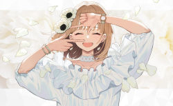 Rule 34 | 1girl, :d, ^ ^, arm up, brown hair, closed eyes, collarbone, commentary request, earrings, facing viewer, finger frame, flower, hair flower, hair ornament, hand up, highres, jewelry, off-shoulder shirt, off shoulder, official art, open mouth, original, petals, puffy short sleeves, puffy sleeves, shirt, short sleeves, smile, solo, teeth, upper body, upper teeth only, watch, white flower, white shirt, wristwatch, yuu (higashi no penguin)