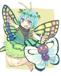 Rule 34 | 1girl, antennae, aqua hair, bare legs, barefoot, baron (x5qgeh), blush, brown eyes, butterfly wings, butterfree, creatures (company), crossover, dress, eternity larva, fairy, game freak, gen 1 pokemon, green dress, insect wings, leaf, leaf on head, multicolored clothes, multicolored dress, nintendo, open mouth, pokemon, pokemon (creature), short hair, short sleeves, single strap, smile, touhou, wings