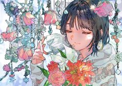 Rule 34 | 1girl, black hair, bouquet, buchi (qooo003), closed eyes, flower, highres, hood, hoodie, long sleeves, mask, medium hair, mouth mask, original, pink flower, red flower, removing mask, smelling, solo, surgical mask, white flower, white hoodie