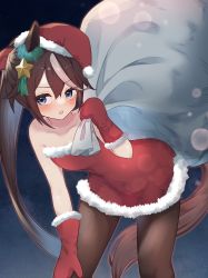 Rule 34 | 1girl, absurdres, bare shoulders, black pantyhose, blue eyes, blush, brown hair, christmas, commentary, cowboy shot, dress, frown, fur-trimmed dress, fur trim, gloves, hair flaps, hair ornament, hand on own thigh, hat, high ponytail, highres, holding, holding sack, horse girl, leaning forward, long hair, looking at viewer, multicolored hair, night, open mouth, outdoors, over shoulder, pantyhose, pinponpaaru, red dress, red gloves, red hat, sack, santa dress, santa gloves, santa hat, solo, standing, star (symbol), star hair ornament, streaked hair, tokai teio (umamusume), two-tone hair, umamusume, very long hair, white hair