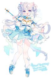 Rule 34 | 1girl, animal ear fluff, animal ears, asymmetrical legwear, blue eyes, blue footwear, bow, cat ears, cat girl, cat tail, double bun, dress, full body, hair bun, highres, holding, holding wand, komomo (2899), long hair, looking at viewer, open mouth, original, simple background, single sock, single thighhigh, smile, socks, solo, tail, thighhighs, twintails, very long hair, wand, white background, white hair, wings